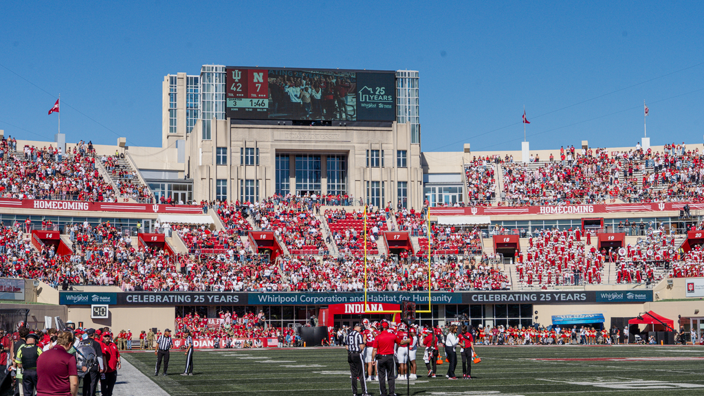 Indiana University Football highlights the partnership between Habitat for Humanity International and Whirlpool Corporation during the October 19, 2024, Homecoming game. Captured by Indiana 